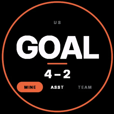 Goal screen in player mode: GOAL, score 4–2 and the choice mine, assist or team
