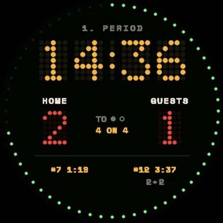 Scoreboard look: LED dot-matrix clock in amber and a red score