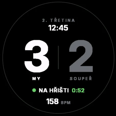 Režim Hraji: skóre 3:2, 2. třetina 12:45, na hřišti 0:52, tep 158
