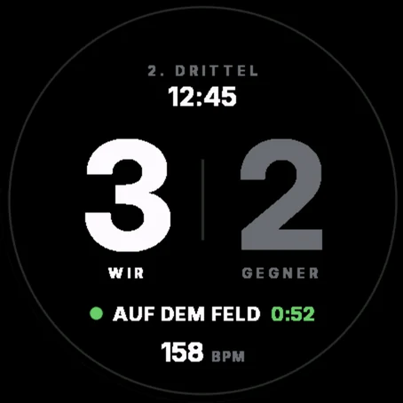 Spielermodus: Stand 3:2, 2. Drittel 12:45, 0:52 auf dem Feld, Puls 158