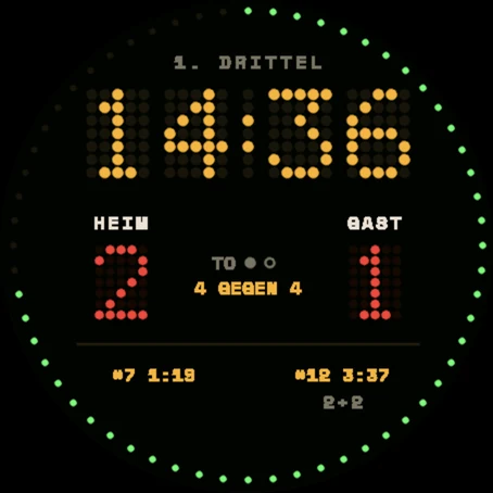 Ansicht Anzeigetafel: LED-Punktmatrix-Uhr in Bernstein und roter Spielstand