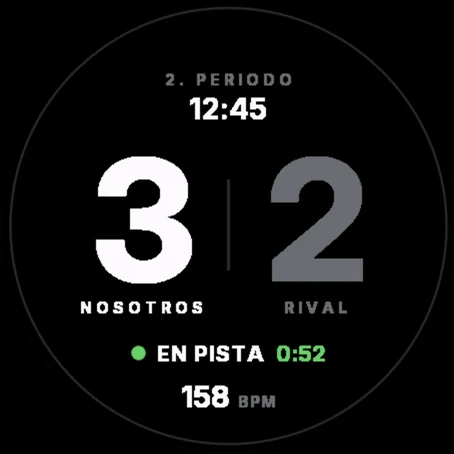 Modo jugador: 3:2, segundo periodo 12:45, 0:52 en pista, pulso 158