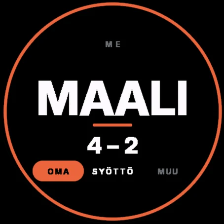 Maali pelaajatilassa: MAALI, 4–2 ja valinta oma, syöttö tai muu