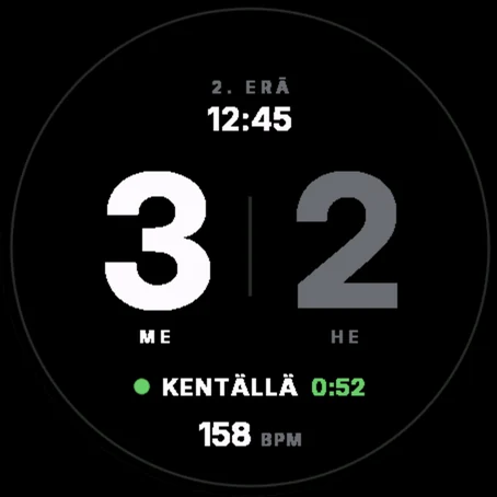 Pelaajatila: 3:2, 2. erä 12:45, kentällä 0:52, syke 158