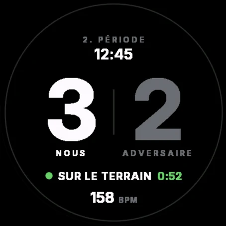 Mode joueur : 3:2, 2e période 12:45, 0:52 sur le terrain, fréquence cardiaque 158