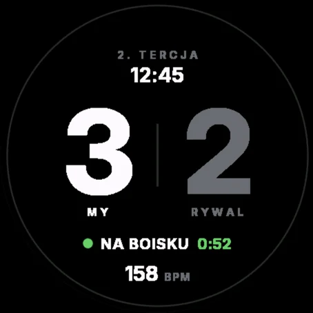 Tryb zawodnika: 3:2, 2. tercja 12:45, 0:52 na boisku, tętno 158