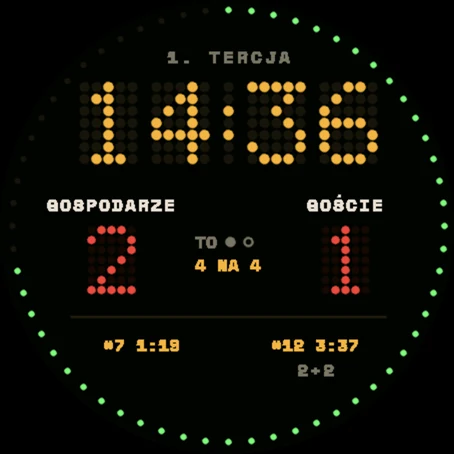 Wygląd Tablica: zegar LED z kropek w kolorze bursztynu i czerwony wynik
