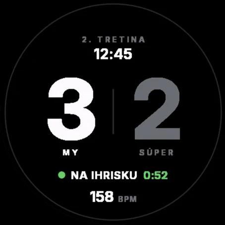 Režim Hrám: skóre 3:2, 2. tretina 12:45, na ihrisku 0:52, tep 158